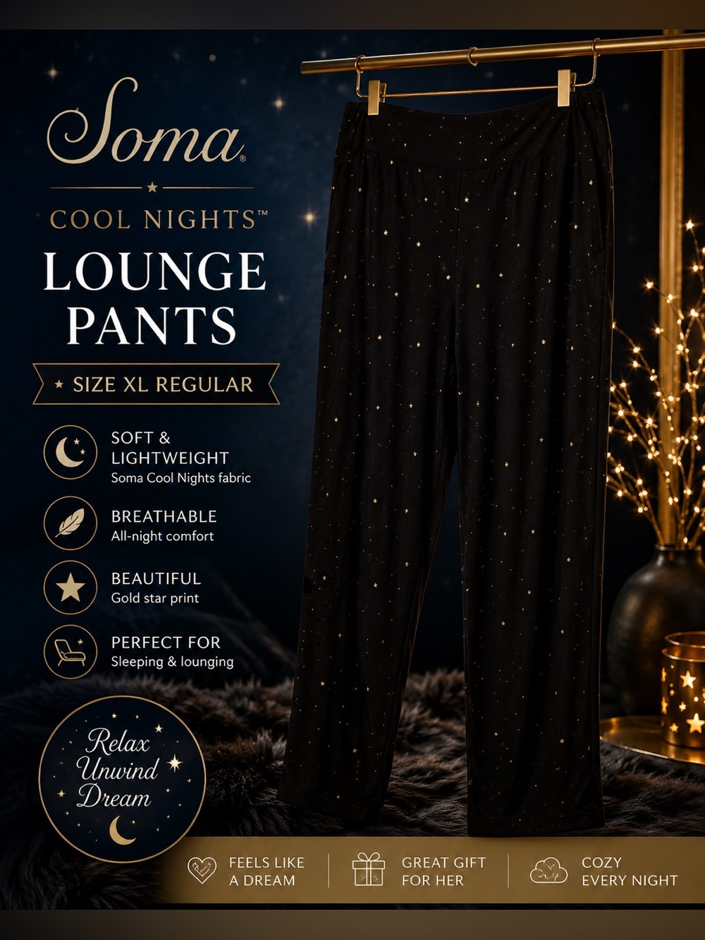 Soma Cool Nights XL Regular Black Gold Star Print Lounge Pajama Pants Sleepwear